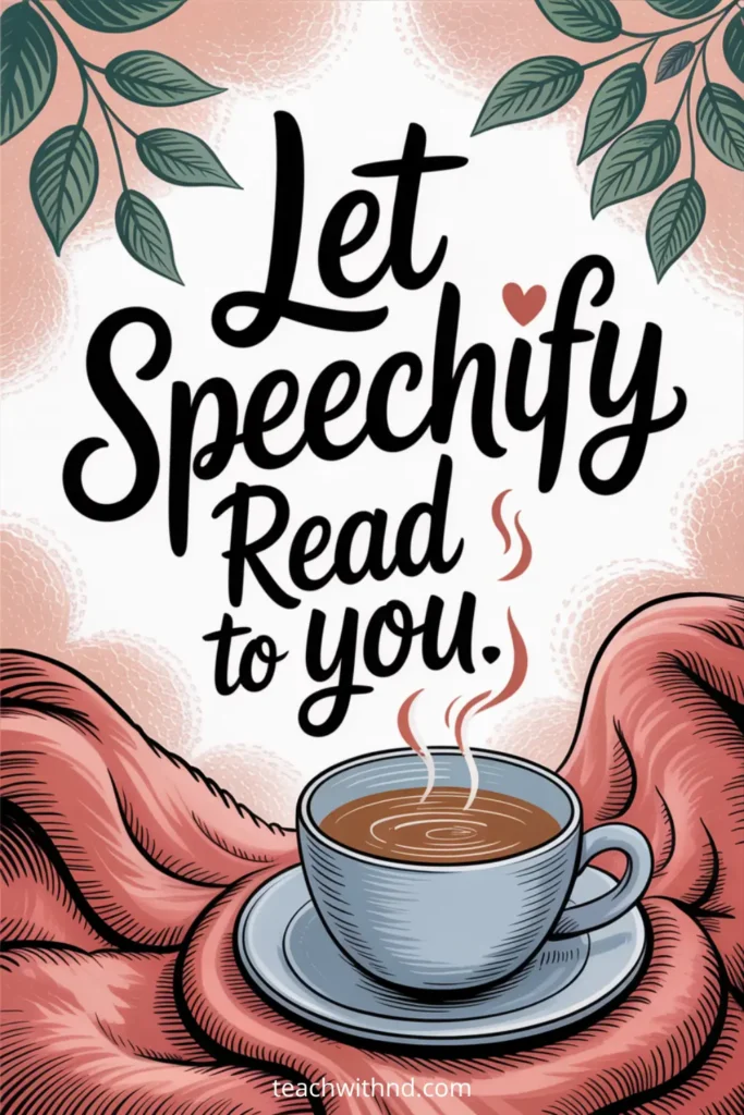 “Cozy illustration of a steaming cup of coffee resting on a soft coral-colored blanket, surrounded by leafy branches, with the handwritten text ‘Let Speechify Read to You.’ Calm, self-care themed artwork for teachers.”