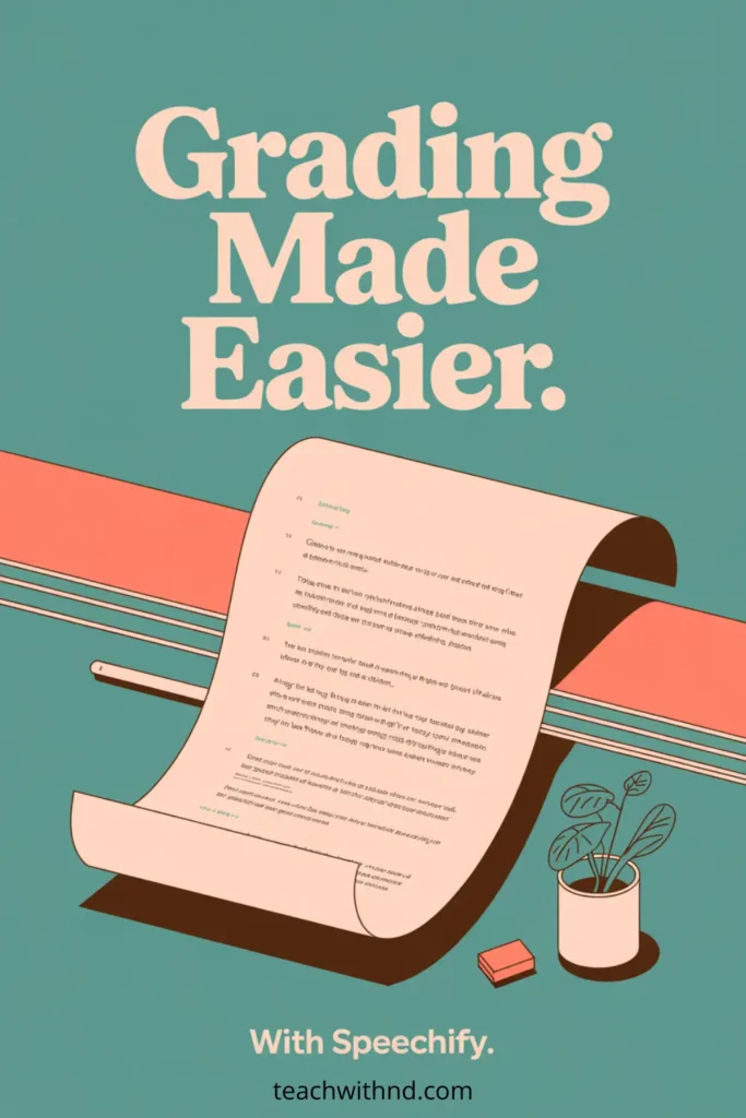 How to Use Speechify for Grading Without Burning Out 12 “Modern 2D vector illustration showing a long, curved sheet of paper filled with text flowing off a desk, symbolizing grading. The background is teal with peach and coral accents. A small potted plant and pink eraser sit on the right. Bold cream-colored text at the top reads ‘Grading Made Easier.’ The bottom text says ‘With Speechify.’ teachwithnd.com is printed at the bottom center.”