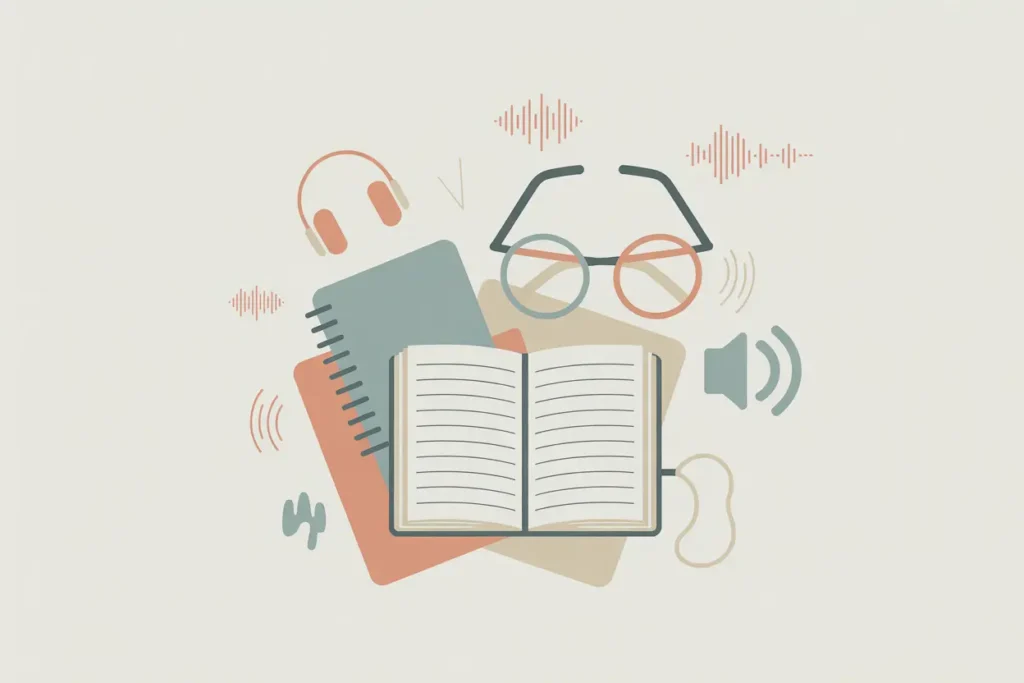 A modern vector-style illustration of an open lined notebook surrounded by teal and peach elements, including stacked journals, round glasses, a pair of headphones, and a small speaker icon. Soft audio wave symbols float around the scene, suggesting listening while reading or taking notes, all set against a clean, neutral background.