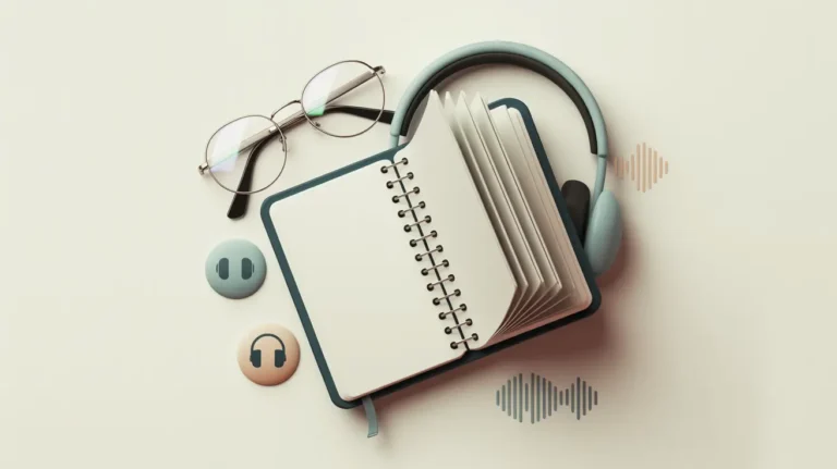 A modern vector-style still life showing an open spiral notebook with blank pages, teal headphones resting around it, and a pair of round glasses nearby. Two circular icons with headphone symbols sit to the left, and subtle teal and peach audio wave graphics decorate the background, suggesting listening while taking notes.