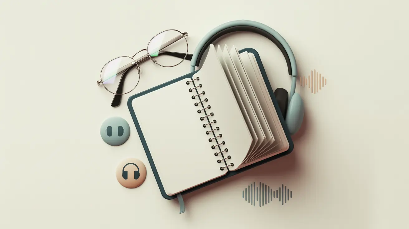 A modern vector-style still life showing an open spiral notebook with blank pages, teal headphones resting around it, and a pair of round glasses nearby. Two circular icons with headphone symbols sit to the left, and subtle teal and peach audio wave graphics decorate the background, suggesting listening while taking notes.