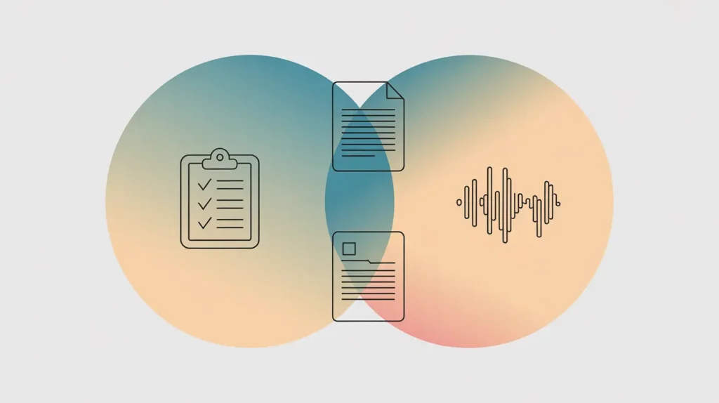 A modern vector-style illustration featuring two overlapping circles with a smooth teal-to-peach gradient. Inside the left circle is an outline icon of a clipboard with checkmarks, while the right circle contains an audio waveform icon. At the center overlap, two document icons appear—one above and one below—symbolizing a workflow that connects written tasks and audio processing.