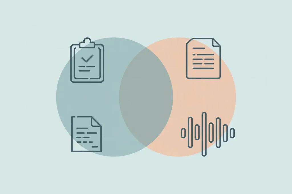 A modern vector-style illustration featuring two overlapping circles, one sage green and one peach, on a pale background. Inside the left circle are icons of a clipboard with checkmarks and a document, while the right circle contains a document icon and a vertical audio waveform. The overlapping center visually represents the connection between written documents, checklists, and audio processing.
