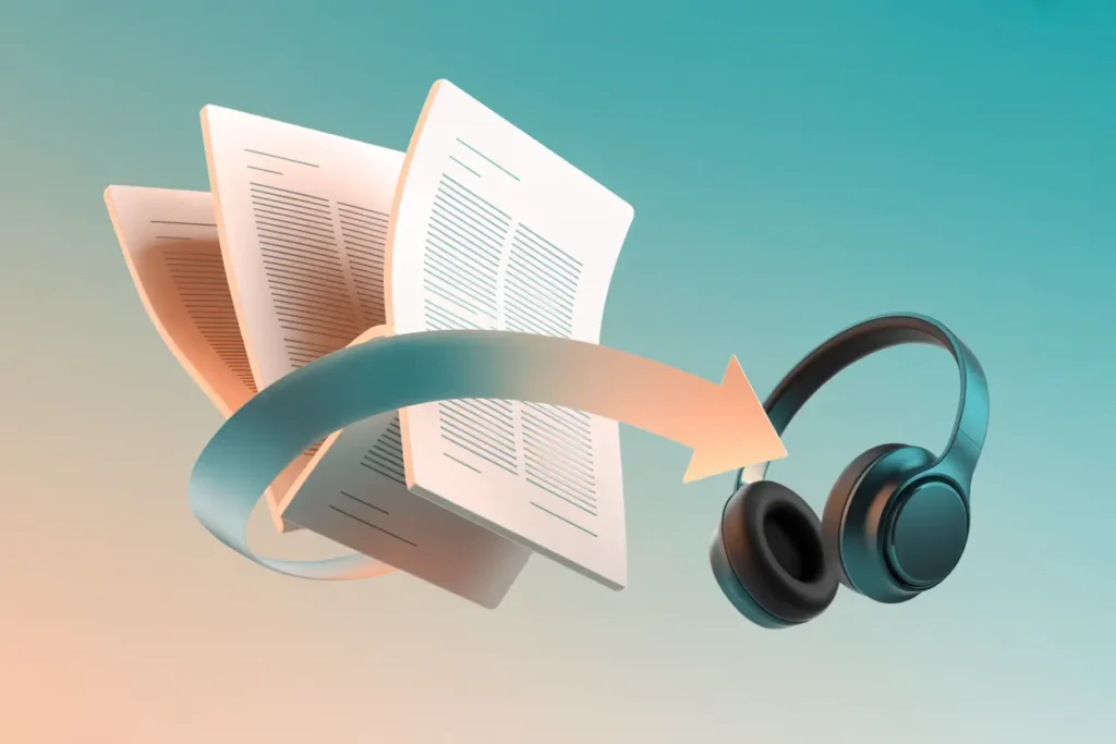 How to Use Speechify for Grading Without Burning Out 6 “A modern 3D-style illustration showing paper sheets fanned out on the left and a teal-and-black pair of headphones on the right. A large curved arrow in teal and peach connects the papers to the headphones, symbolizing converting written text into audio. The background fades from warm peach to cool teal.”