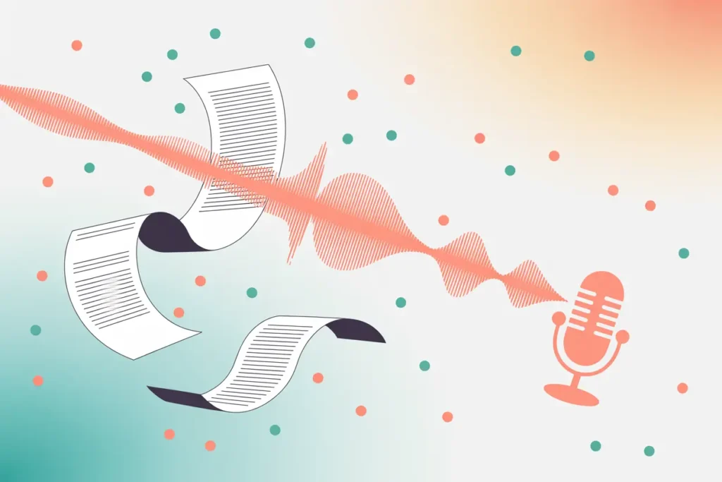 A modern vector-style illustration featuring several curved sheets of paper floating across the design. A diagonal coral audio waveform connects the papers to a coral microphone icon on the right, symbolizing text being converted into audio. Teal and coral confetti dots scatter across a soft gradient background transitioning from teal to peach.
