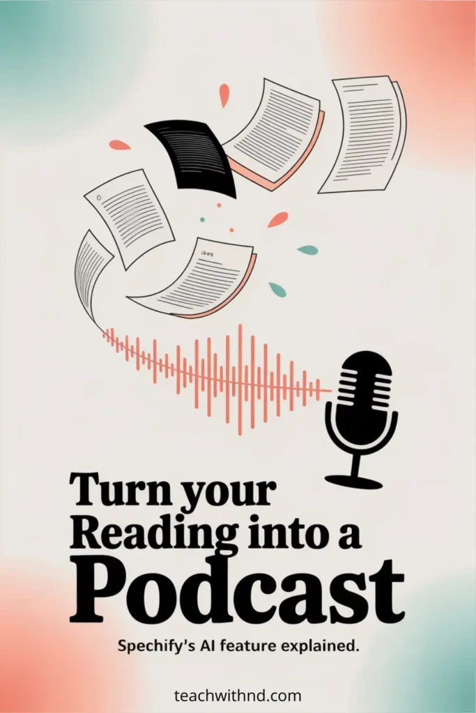 A modern, minimalist illustration featuring several pages of text swirling through the air above a coral audio waveform. A black podcast-style microphone sits on the right. The background blends soft teal and coral gradients. Text below reads, “Turn your Reading into a Podcast — Speechify’s AI feature explained,” with “teachwithnd.com” centered at the bottom.