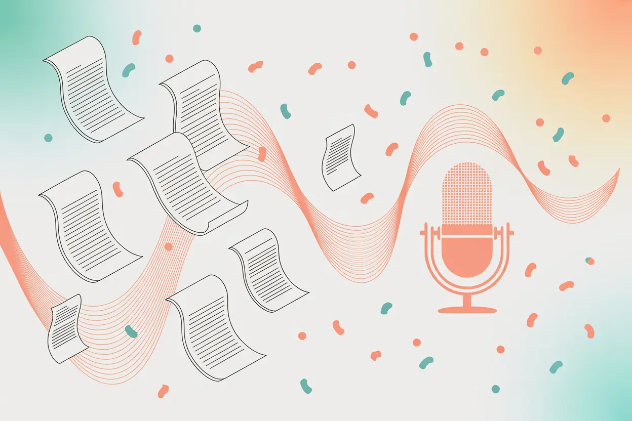A modern vector-style illustration showing floating sheets of paper drifting toward a large coral microphone icon. Curved coral audio waves connect the pages to the microphone, symbolizing text turning into audio. Teal and peach confetti accents scatter across a soft gradient background in teal and coral tones.