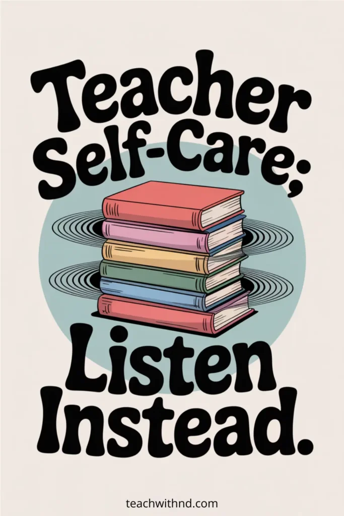“Modern vector illustration of a stack of colorful hardcover books emitting circular audio-wave ripples, with bold black text that reads ‘Teacher Self-Care; Listen Instead.’ Soft teal circle behind the books and a beige background. teachwithnd.com at the bottom.”