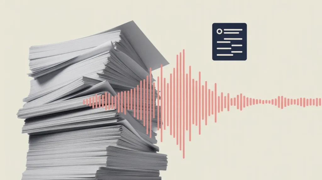 How to Use Speechify for Grading Without Burning Out 7 A tall, messy stack of white papers sits on the left, symbolizing a large grading load. A coral audio waveform stretches across the center of the image, suggesting converting the pile into audio. On the right, a dark blue document icon with simple text lines represents digital grading or feedback. The background is a soft neutral cream.