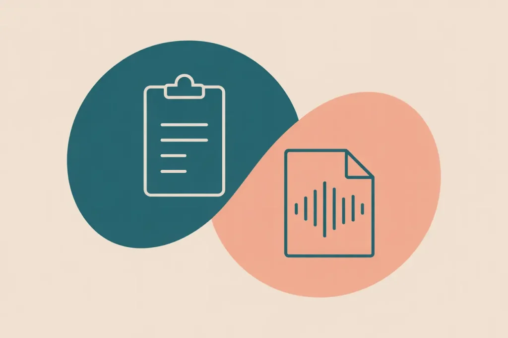 Using Speechify for meeting prep, A modern vector-style illustration with two overlapping shapes—one teal and one coral—on a neutral background. The teal shape contains an outline icon of a clipboard, while the coral shape features a document icon with an audio waveform in the center, symbolizing converting written tasks or notes into audio.