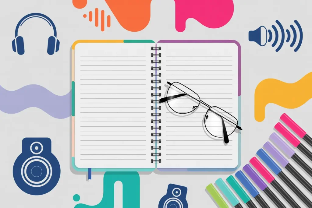 How to Use Speechify for Grading Without Burning Out 8 “Flat-lay illustration of an open spiral notebook with lined pages and a pair of glasses resting on top. Surrounding the notebook are colorful abstract shapes, headphones, speaker icons, and an array of bright markers. Background in light gray with teal, orange, purple, and pink accents.”