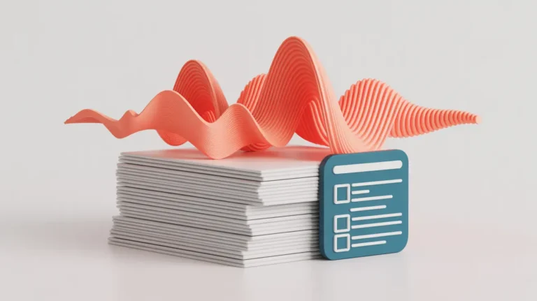 A modern vector-style illustration showing a tall stack of white papers with a bold coral audio wave rising and curving across the top. A teal clipboard-style grading icon with checkboxes rests against the stack. The design symbolizes converting tall piles of student work into audio for easier grading.