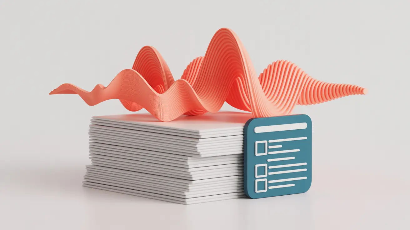 A modern vector-style illustration showing a tall stack of white papers with a bold coral audio wave rising and curving across the top. A teal clipboard-style grading icon with checkboxes rests against the stack. The design symbolizes converting tall piles of student work into audio for easier grading.