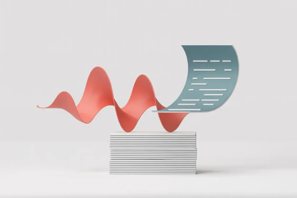 How to Use Speechify for Grading Without Burning Out 4 A modern vector-style illustration of a tall stack of white papers with a smooth coral audio wave rising from behind it. A teal sheet of paper with horizontal text lines curls upward above the wave, symbolizing written student work being converted into audio for grading. The background is clean and minimal.