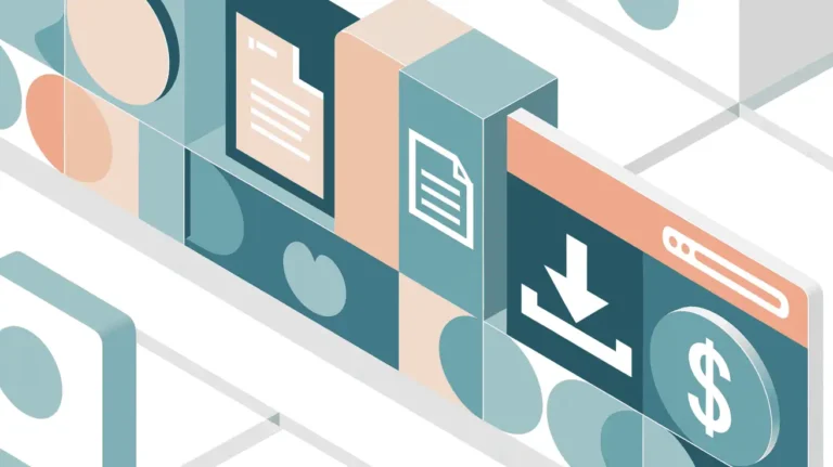 Abstract illustration of a digital storefront with document icons, a download arrow, and a dollar symbol in teal and peach tones.