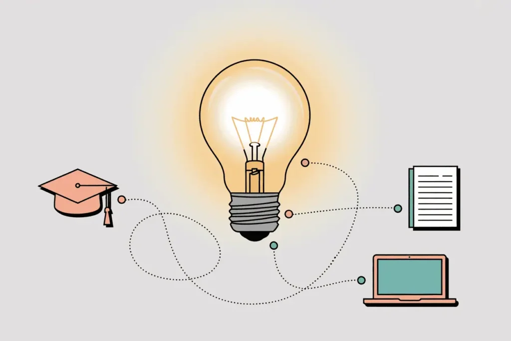 25 Best Side Hustles for Teachers (That Work in Real Life) 4 Abstract illustration of a glowing yellow lightbulb connected to digital screens and icons, representing an idea and technology.