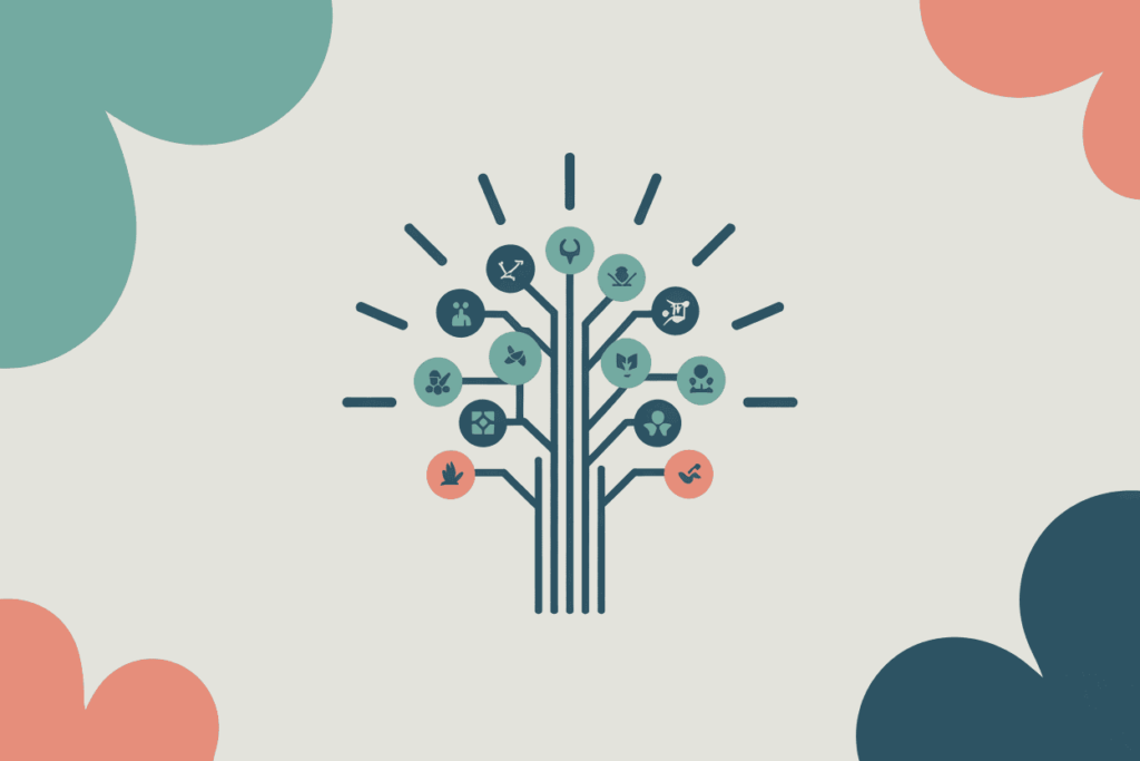 “Decorative graphic of a stylized tree made of connected lines, with various education-related icons branching out.”