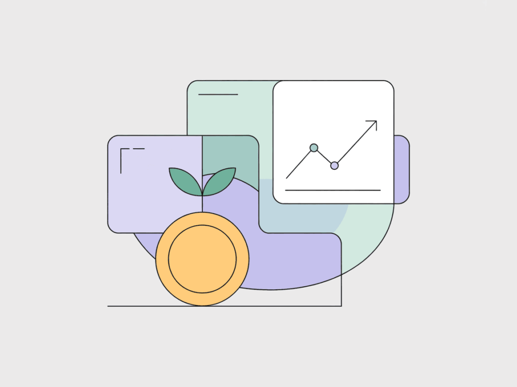 Modern abstract layout with a gold coin, green leaf, and rising graph icon layered over soft shapes, representing eco-conscious or low-effort passive income ideas.