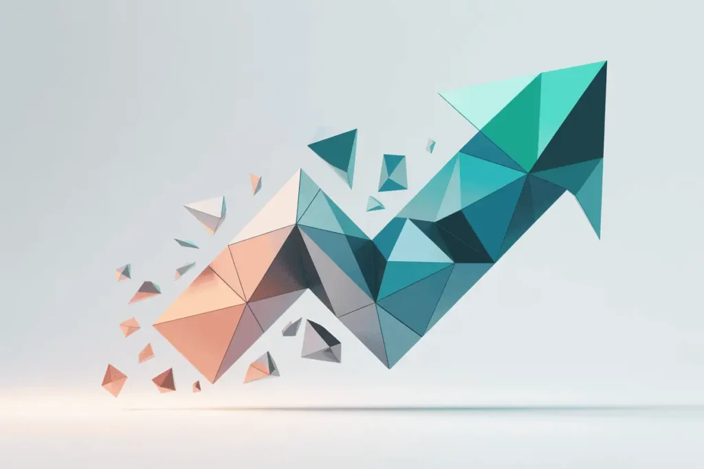 Abstract upward-pointing arrow made of geometric teal and peach triangles, with small triangle pieces breaking apart in motion on a light gray background.