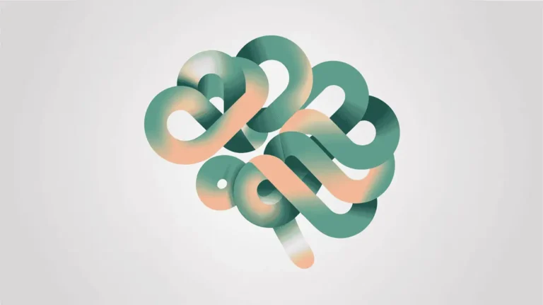 Abstract illustration of a brain made from interwoven teal and peach ribbons on a light gray background.