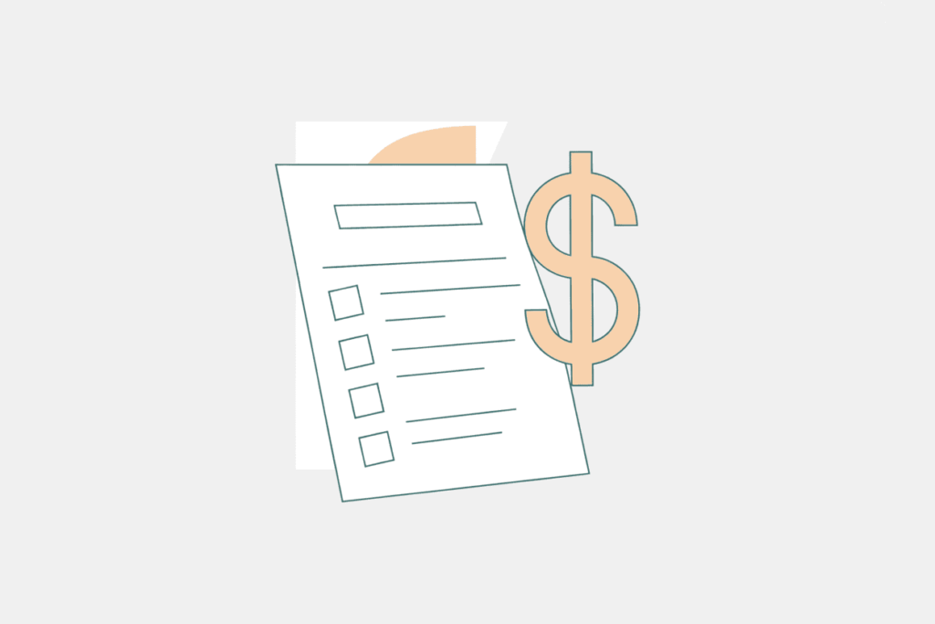Simple line-art checklist page with a large peach-colored dollar sign next to it on a light gray background.