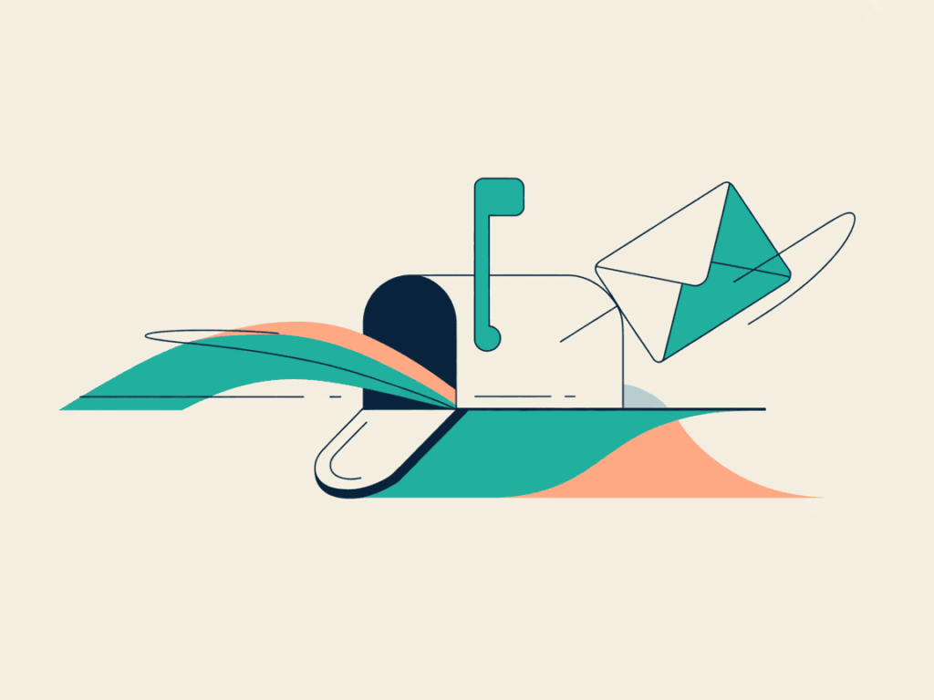 Modern vector illustration of a teal mailbox with an envelope flying out and colorful wave lines, symbolizing the flow of automated digital earnings like email courses or subscriptions.