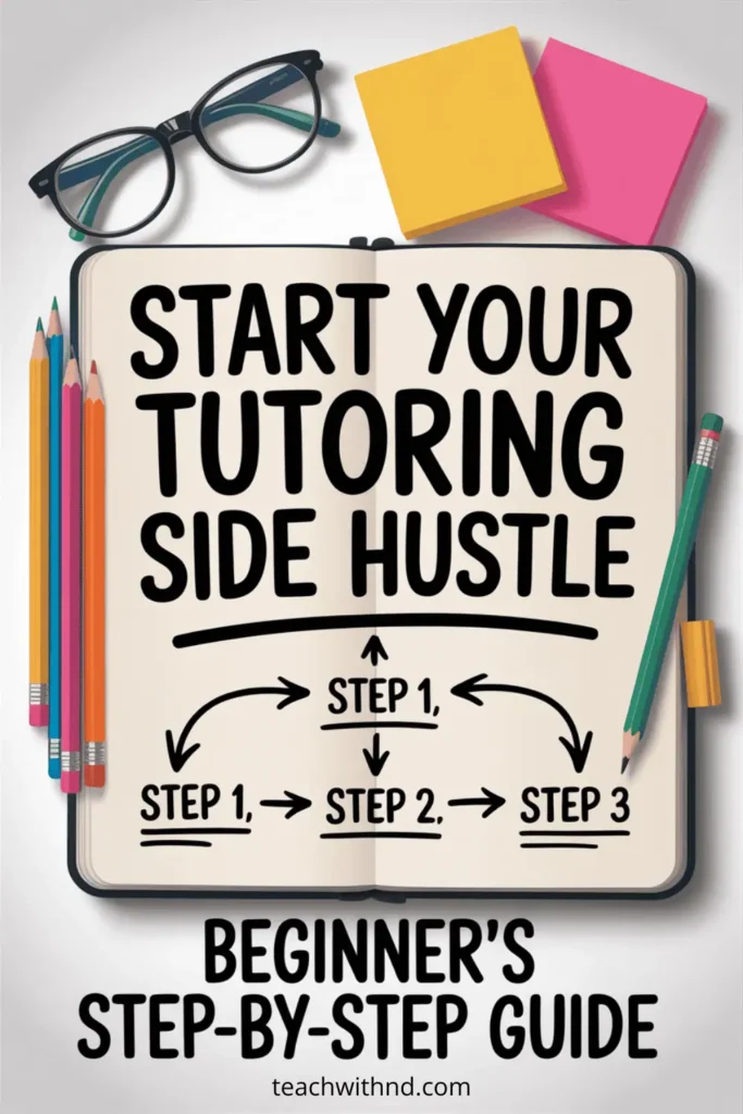 Spiral notebook opened to a handwritten step-by-step flowchart labeled “Step 1, Step 2, Step 3,” surrounded by colorful pencils, sticky notes, and a pair of glasses, with the bold headline “Start Your Tutoring Side Hustle — Beginner’s Step-by-Step Guide.” The website teachwithnd.com appears at the bottom.
