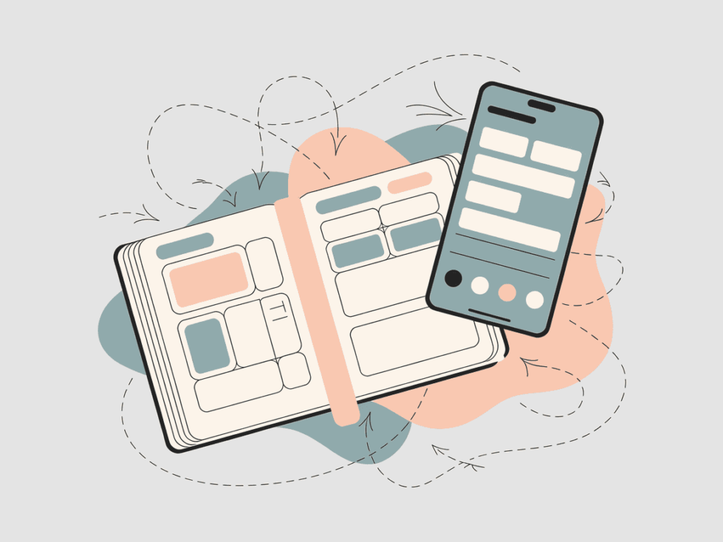 Modern vector illustration showing a tablet, smartphone, and teacher planner in an abstract workspace layout. Features teal and peach accent colors on a white background. Represents digital side hustles like content creation and tutoring.