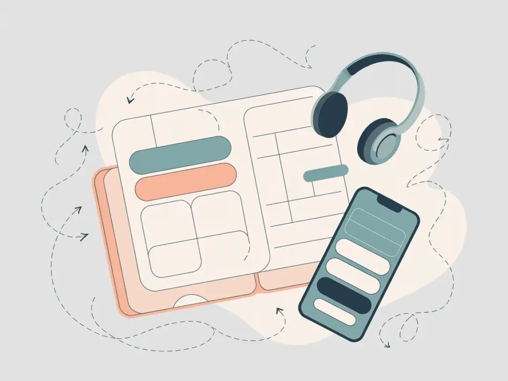 Vector-style workspace with open laptop, smartphone, and large teal headphones. Clean white background with coral accents. Highlights calm, quiet side hustles for introverted teachers like podcast editing or transcription services.