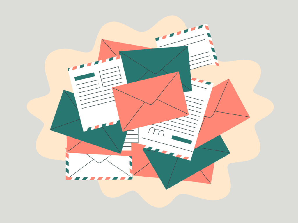 Vector illustration of a cluttered workspace with a pile of mail. Teal and peach tones over a neutral background. Highlights the overwhelm teachers may feel before starting a manageable side hustle.
