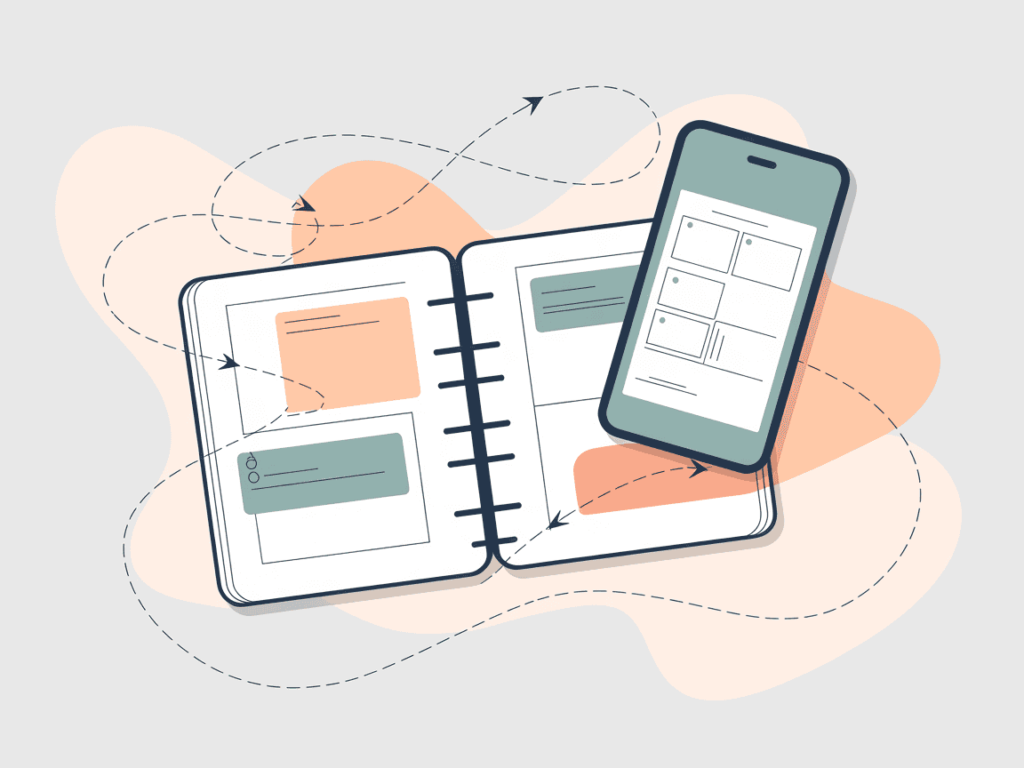 Vector illustration of a cluttered workspace with digital devices, paper piles, and sticky notes. Teal and peach tones over a neutral background. Highlights the overwhelm teachers may feel before starting a manageable side hustle.