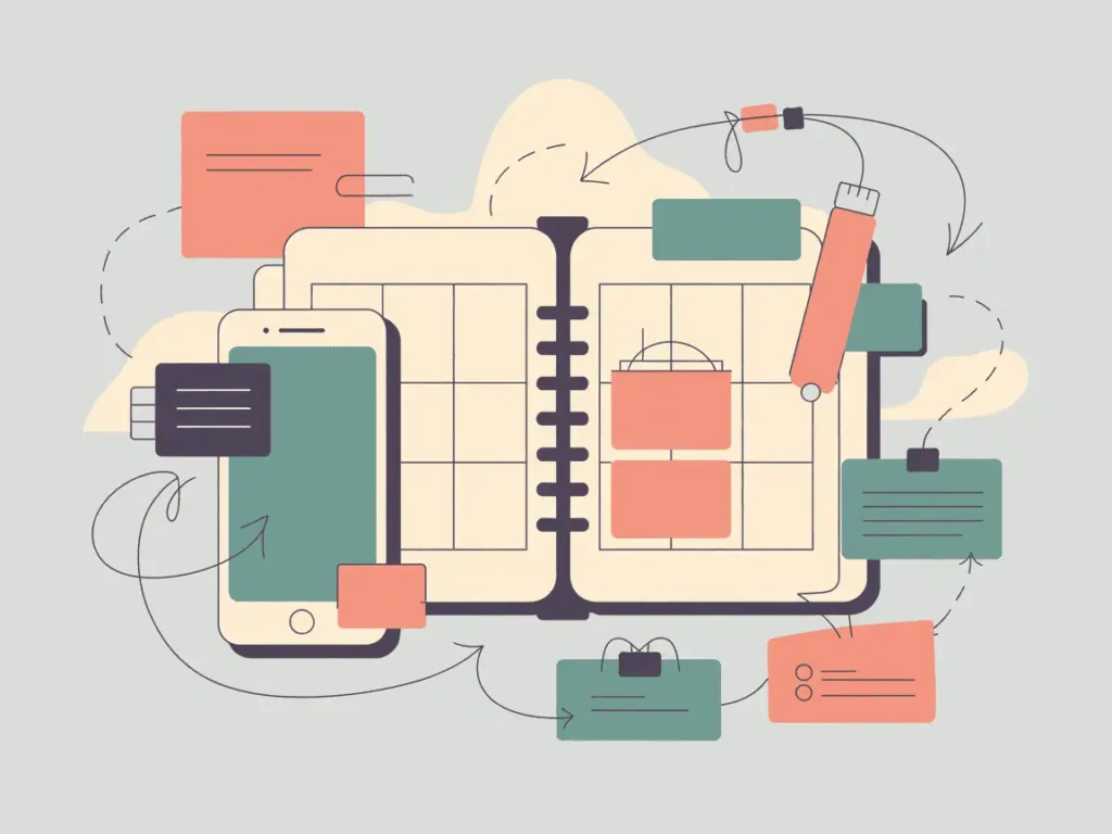 Flat vector illustration of a teacher’s planner and smartphone surrounded by graphs, checklists, and documents. Peach and teal accent colors on a clean background. Represents planning and tracking progress for side hustles like freelance writing or virtual tutoring.