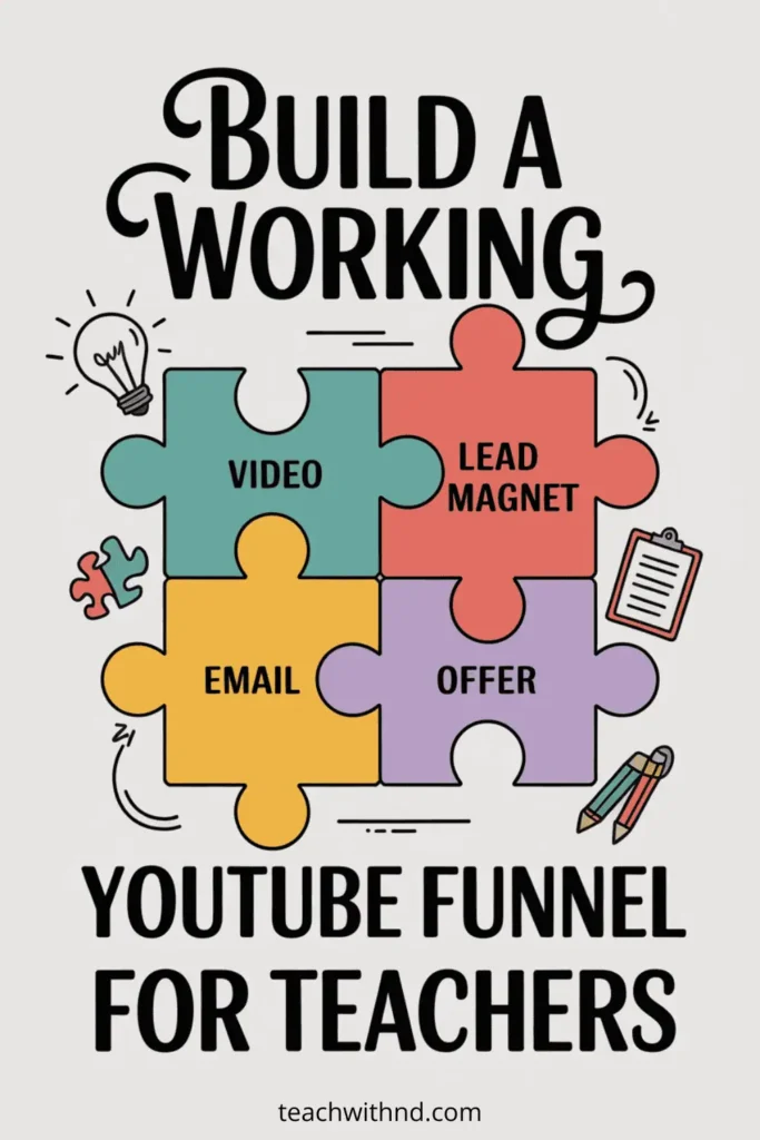 Illustrated puzzle pieces labeled video, email, offer, and lead magnet with the phrase "Build a Working YouTube Funnel for Teachers."