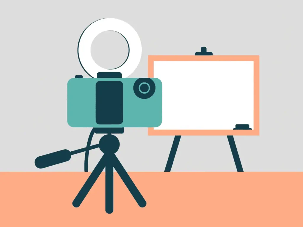youtube funnel for teachers, Camera and ring light setup pointed at whiteboard, used for filming educational YouTube content for teachers.