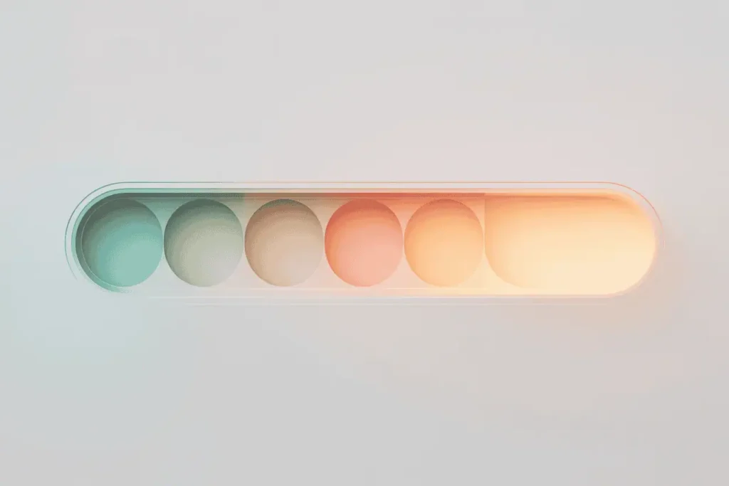 “Decorative horizontal progress bar with circular color sections in teal, peach, and orange gradients.”