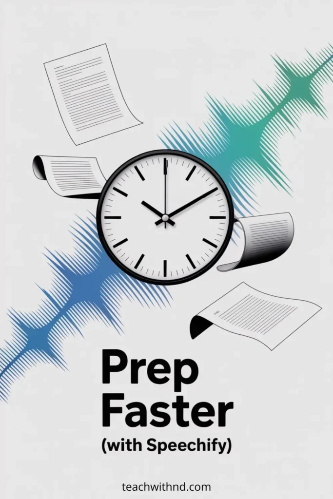 “Poster showing a large clock surrounded by flying worksheets and colorful audio-wave graphics, with the text ‘Prep Faster (with Speechify).’ Designed to describe using Speechify to speed up teacher meeting prep.”