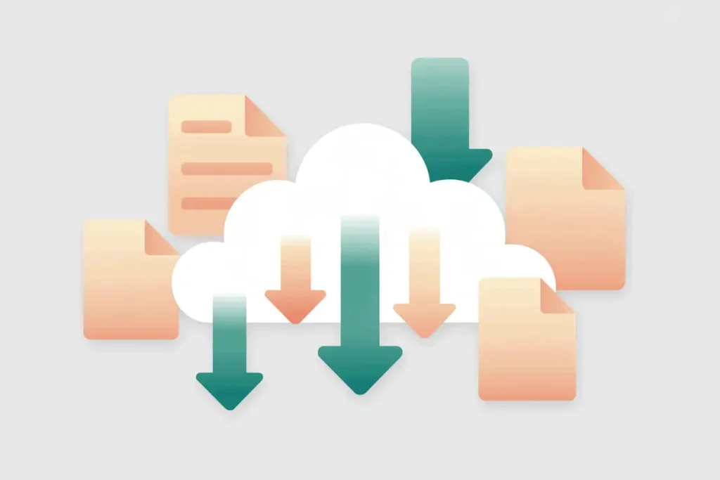 White cloud with teal and peach gradient download arrows pointing downward, surrounded by floating document icons.