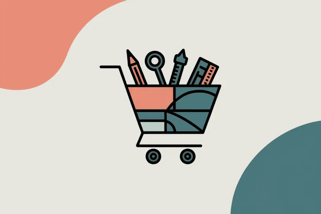Illustration of a shopping cart filled with school supplies including a pencil, ruler, and protractor, using teal and coral shapes.