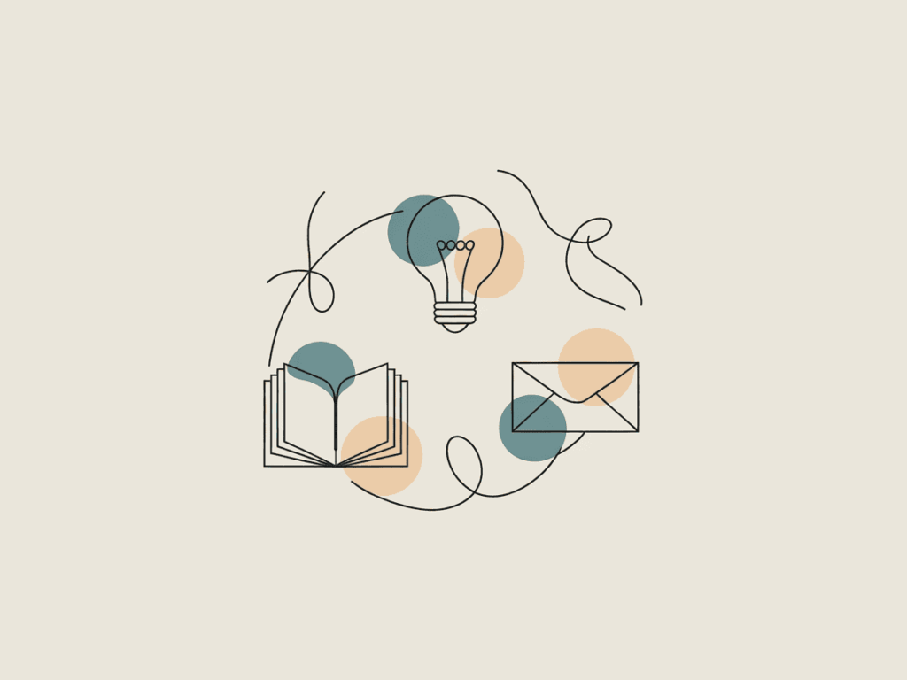 Minimal line art showing a lightbulb, open book, and envelope surrounded by pastel teal and peach dots, representing creative ideas, learning, and communication.
