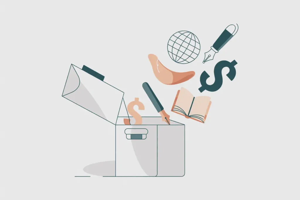 25 Best Side Hustles for Teachers (That Work in Real Life) 5 Abstract illustration of toolbox with floating dollar symbols, surrounded by geometric shapes.