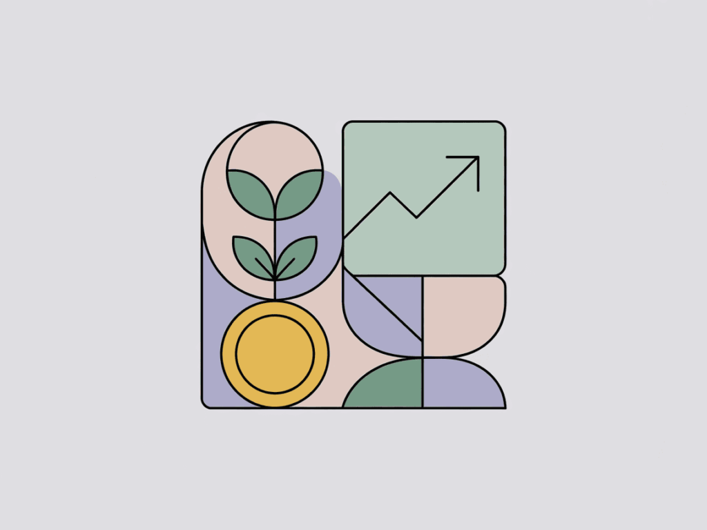 Stylized geometric design with a coin, growing plant, and upward arrow, symbolizing sustainable, growth-oriented passive income strategies.