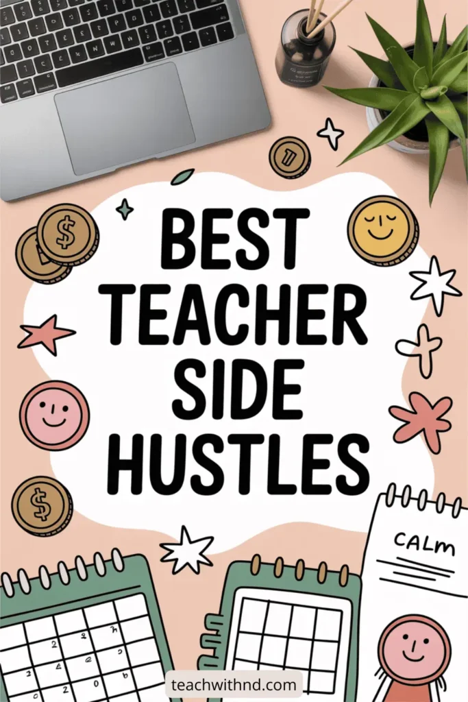 25 Best Side Hustles for Teachers (That Work in Real Life) 11 Workspace layout with laptop, diffuser, planner, colorful coins, doodled stars and smiley faces, and text that reads “Best Teacher Side Hustles” in black font. The website teachwithnd.com appears at the bottom.