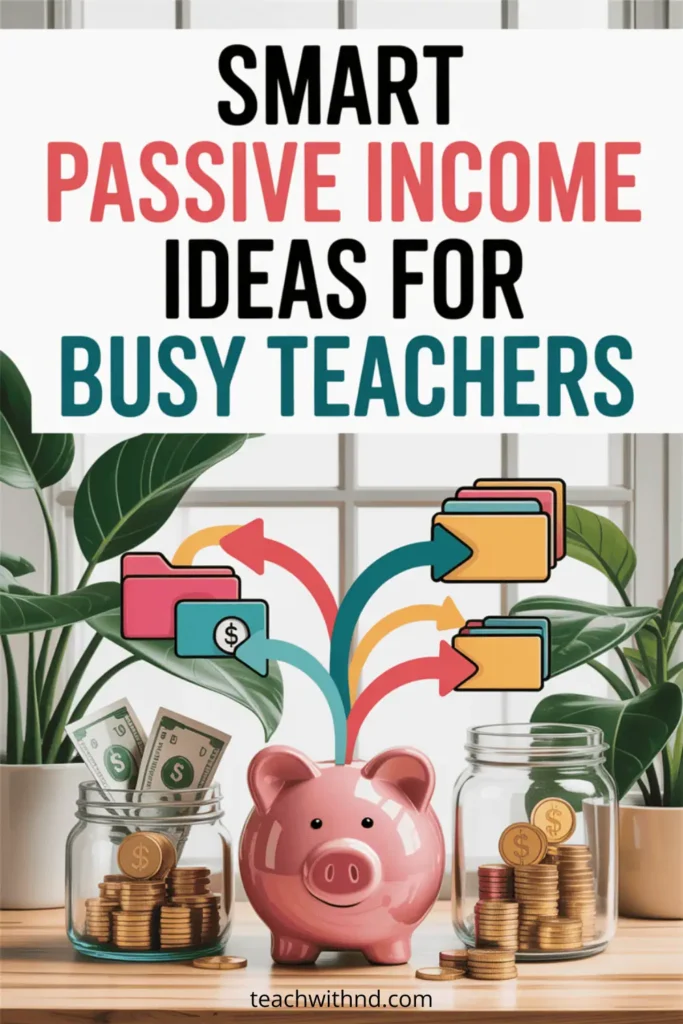 Photo-style graphic with pink piggy bank, file folder icons, and jars filled with coins and cash, representing smart passive income ideas for teachers.