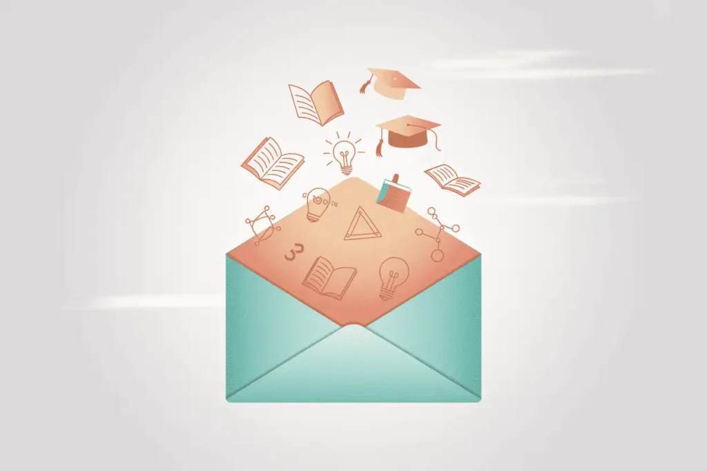 “Decorative illustration of an open envelope with school-themed icons like books, lightbulbs, and graduation caps rising out.”