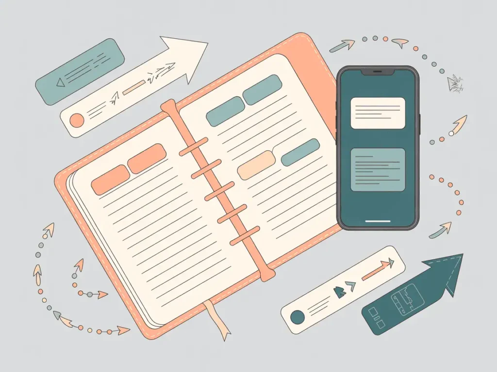 Illustration of an open planner and a smartphone, surrounded by colorful arrows and icons, symbolizing dynamic task tracking and digital communication.
