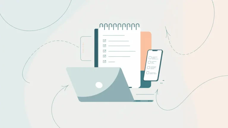 Flat-style illustration of a laptop, spiral notebook with checkmarks, and a smartphone displaying a to-do list, symbolizing productivity and digital flexibility for teacher side hustles.