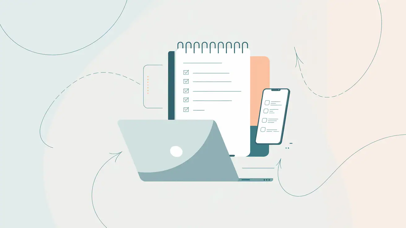 Flat-style illustration of a laptop, spiral notebook with checkmarks, and a smartphone displaying a to-do list, symbolizing productivity and digital flexibility for teacher side hustles.
