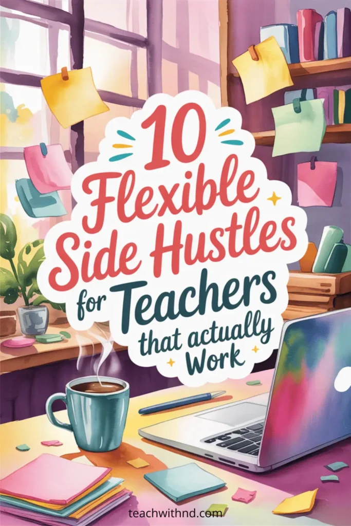  Illustrated cozy teacher desk with laptop, coffee mug, and colorful sticky notes, featuring the title "10 flexible side hustles for teachers that actually work."