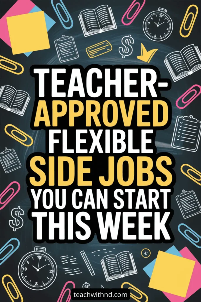 Chalkboard-style graphic with colorful school icons and bold text that says, "Teacher-approved flexible side jobs you can start this week."