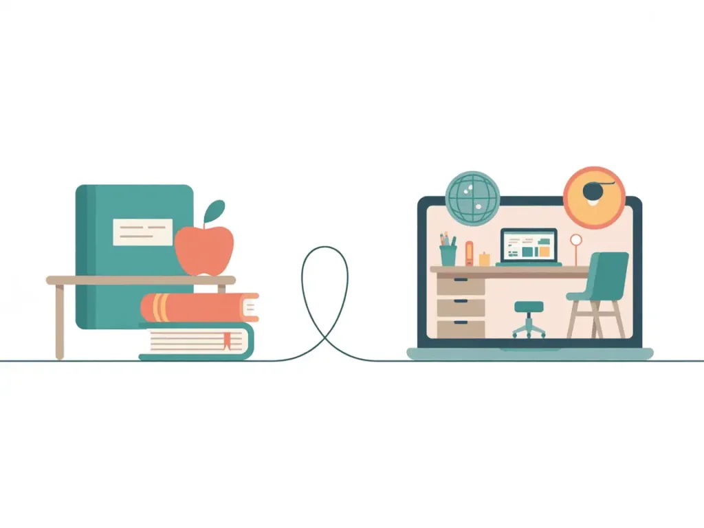  “Visual of books and classroom supplies transitioning into a digital workspace—symbolizing a shift from teaching to remote VA work.”
